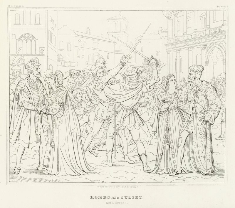 Romeu e Julieta, Acto I, Cena 1 (gravura) de Friedrich August Moritz Retzsch