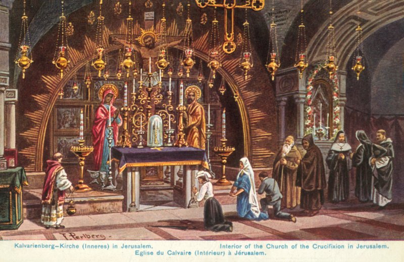 Altar da Crucificação, Igreja do Santo Sepulcro, Jerusalém (litografia a cores) de Friedrich Perlberg
