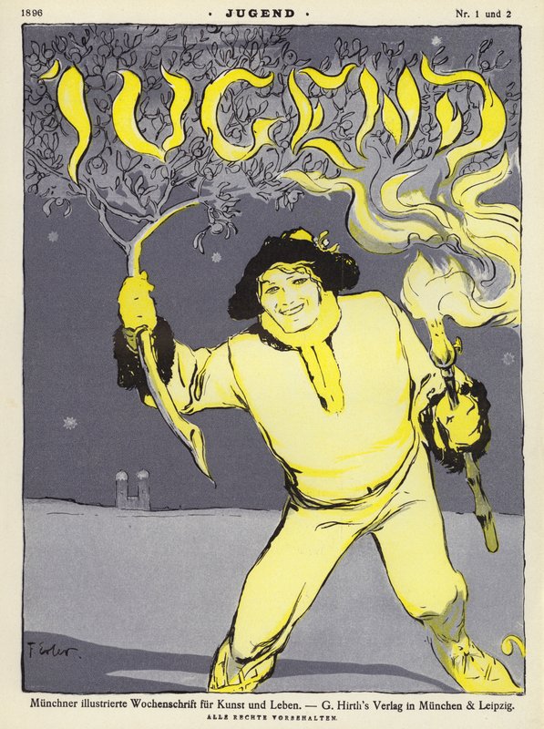 Homem segurando um ramo e uma tocha (cor litho) de Fritz Erler