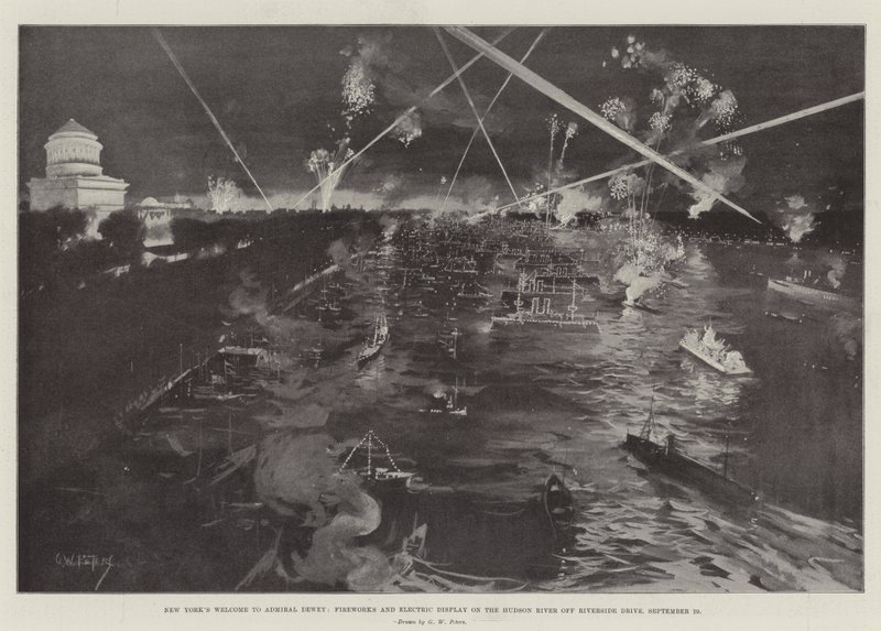 Nova York, Bem-vindo ao Almirante Dewey, Fogos de Artifício e Mostruário Elétrico no Rio Hudson, na Riverside Drive, 29 de setembro de G. W. Peters