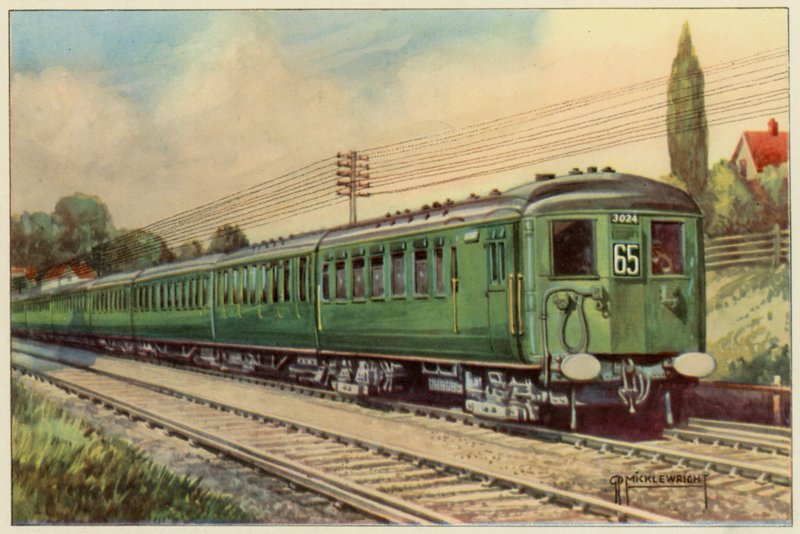 The Southern Railway, Electric Express from London Bridge to Eastbourne (cor litho) de G.P. Micklewright
