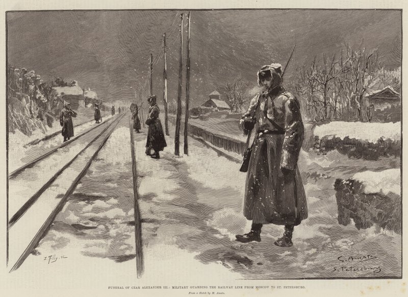 Funeral do czar Alexandre III, militar guardando a linha férrea de Moscou a São Petersburgo de G.S. Amato