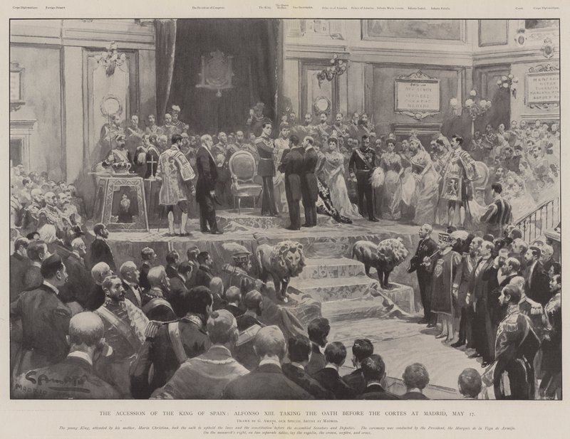 A adesão do rei da Espanha, Alfonso XIII tendo o juramento antes das Cortes em Madrid, 17 de maio de G.S. Amato