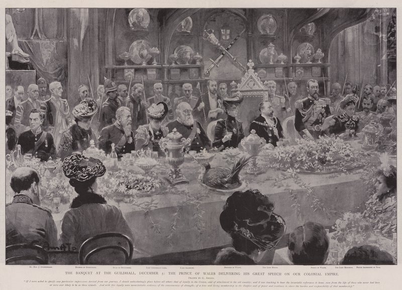 O banquete no Guildhall, 5 de dezembro, o príncipe de Gales entregando seu grande discurso sobre o nosso império colonial de G.S. Amato