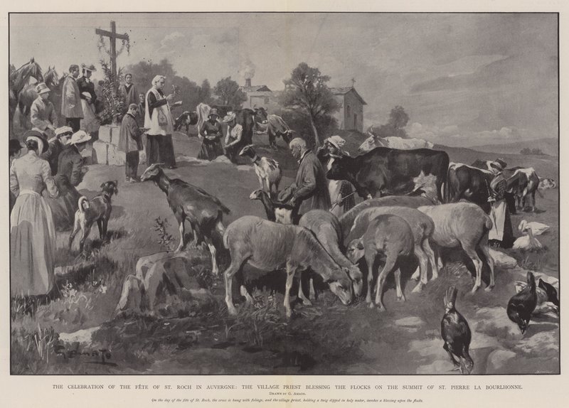 A Celebração da Festa de São Roque em Auvergne, o Padre da Aldeia abençoando os Rebanhos na Cimeira de São Pedro da Bourlhonne de G.S. Amato