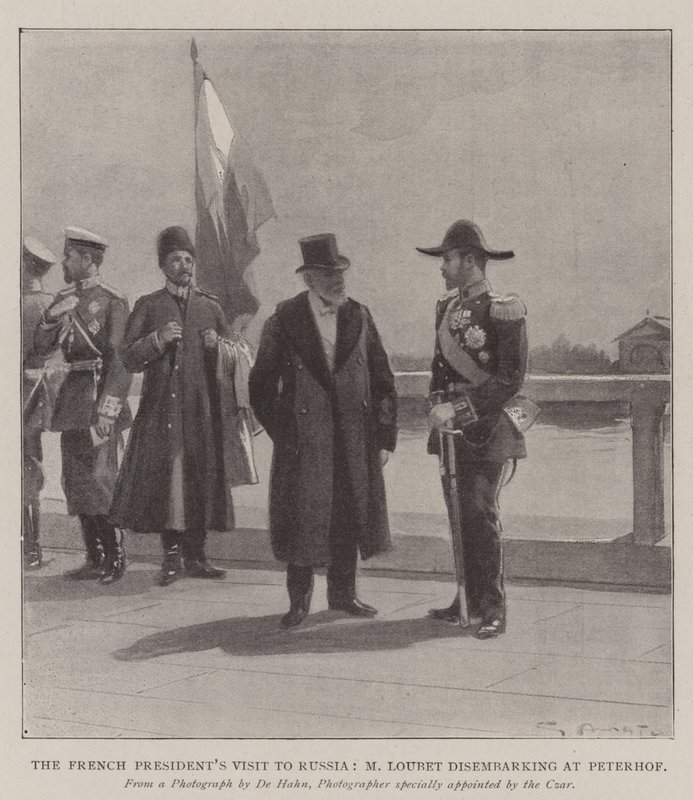 Visita do Presidente da França à Rússia, M Loubet, desembarcando em Peterhof de G.S. Amato