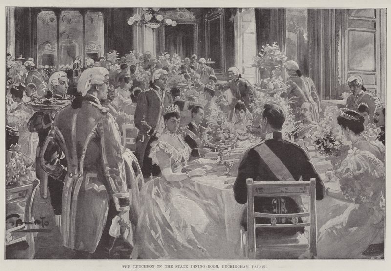 O almoço na sala de jantar do estado, o Palácio de Buckingham de G.S. Amato