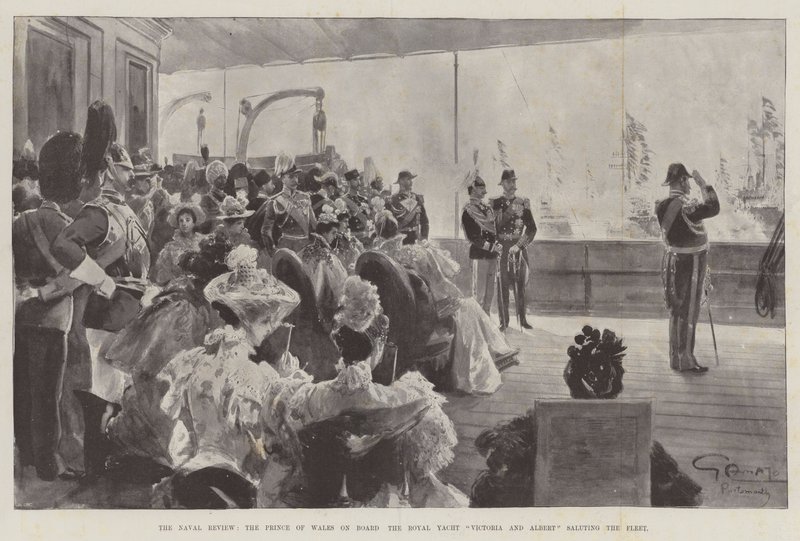The Naval Review, o Príncipe de Gales a bordo do Royal Yacht Victoria e Albert saudando a Frota de G.S. Amato