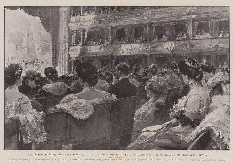 A noite de abertura da temporada de ópera em Covent Garden, o rei e a rainha participando da performance de Lohengrin, 8 de maio de G.S. Amato