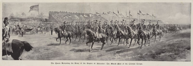 A rainha revendo o Exército do Império em Aldershot, o passado de março das tropas coloniais de G.S. Amato