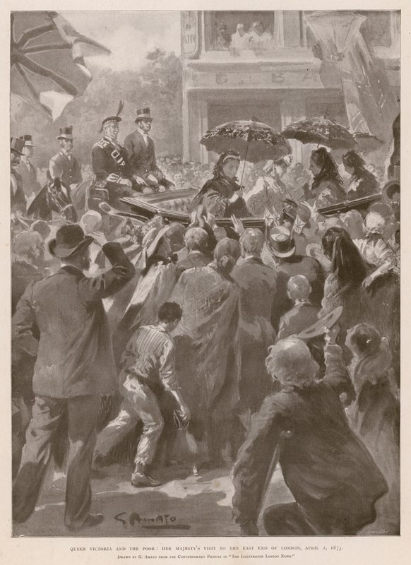 Rainha Vitória e os pobres: a Rainha visitando o East End de Londres, 2 de Abril de 1873 (fotogravura) de G.S. (after) Amato