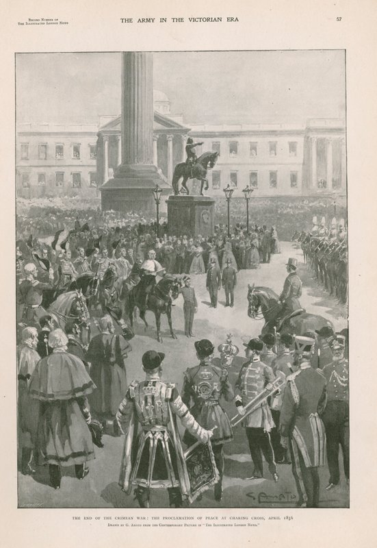 O fim da Guerra da Crimeia: proclamação da paz em Charing Cross, Londres, Abril de 1856 (fotogravura) de G.S. (after) Amato