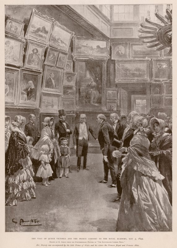 Visita da Rainha Victoria e Albert, Príncipe Consorte à Royal Academy, Londres, 3 de Maio de 1849 (fotogravura) de G.S. (after) Amato