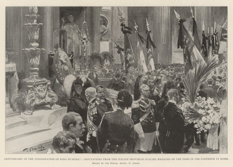 Aniversário do Assassinato do Rei Humbert, Delegações das Províncias Italianas colocando Coroas no Túmulo no Panteão de Roma de G.S. Amato