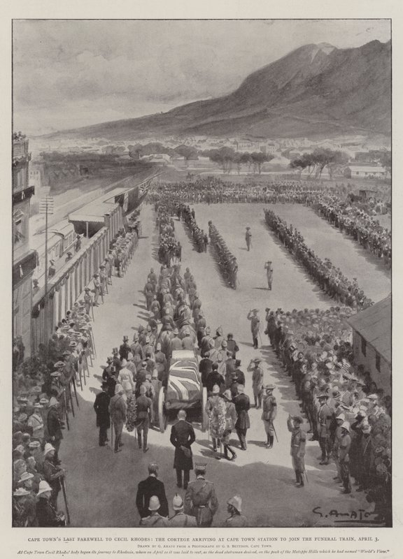 Último Adeus da Cidade do Cabo a Cecil Rhodes, o Cortege chegando à Estação da Cidade do Cabo para se juntar ao Trem Funeral, 3 de abril de G.S. Amato