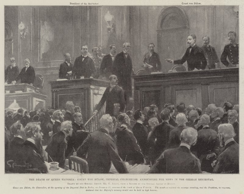 A Morte da Rainha Vitória, Conde von Bulow, Chanceler Imperial anunciando as notícias no Reichstag Alemão de G.S. Amato