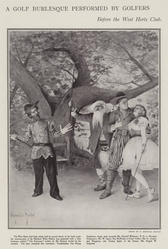 Um burlesco de golfe realizado por golfistas no jantar anual do West Herts Club (litho) de G. Grenville Manton