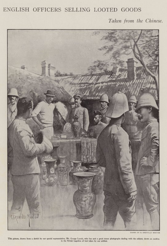 Oficiais ingleses vendendo mercadorias roubadas dos chineses durante a Rebelião Boxer (litho) de G. Grenville Manton