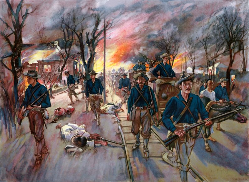 O trem de munição e reservas do vigésimo Voluntários do Kansas, Coronel Frederick Funston, marchando por Caloocan à noite após a batalha de 10 de fevereiro de G. W. Peters