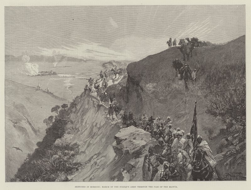 Esboços em Marrocos, março do exército do sultão através do passo do Mlouia de Gabriel Nicolet