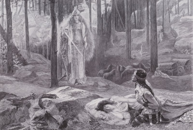 A Revelação (Brunnhilde descobrindo Sieglinde e Siegmund) (litho) de Gaston Bussiere