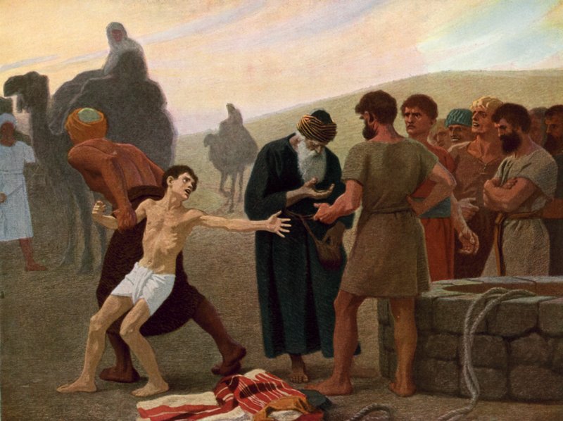 José é vendido como escravo pelos seus irmãos invejosos, c.1940 (litografia a cores) de Gebhard Fugel