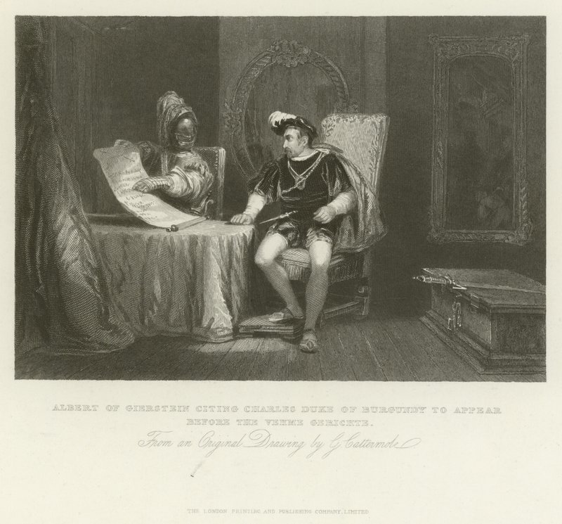 Albert de Geierstein citando Charles, duque de Borgonha para comparecer perante o Vehme Gerichte de George Cattermole