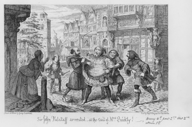Sir John Falstaff preso, no terno da Sra. Rapidamente! de George Cruikshank
