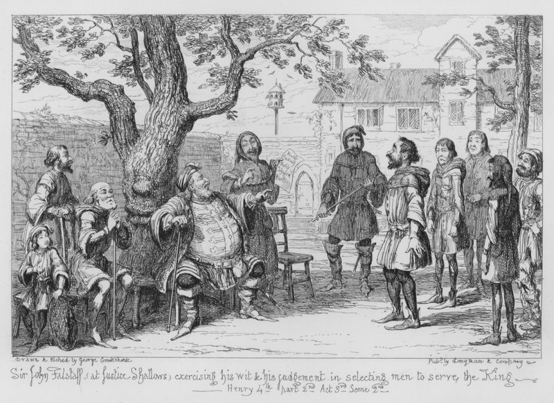 Sir John Falstaff, na Justice Shallows, exercitando sua inteligência e seu julgamento ao selecionar homens para servir ao rei de George Cruikshank