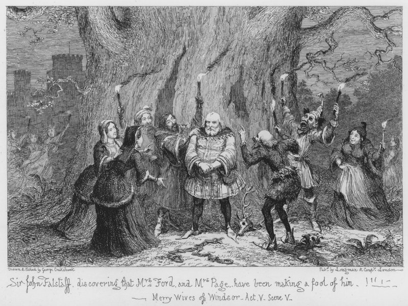 Sir John Falstaff descobrindo que a sra. Ford e a sra. Page têm feito dele um idiota de George Cruikshank