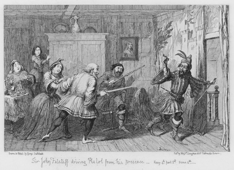 Sir John Falstaff dirigindo pistola de sua presença de George Cruikshank