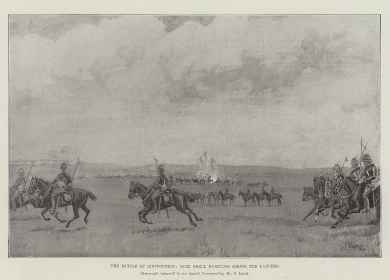 A Batalha de Rietfontein, Boer Shell estourando entre os lanceiros de George Derville Rowlandson