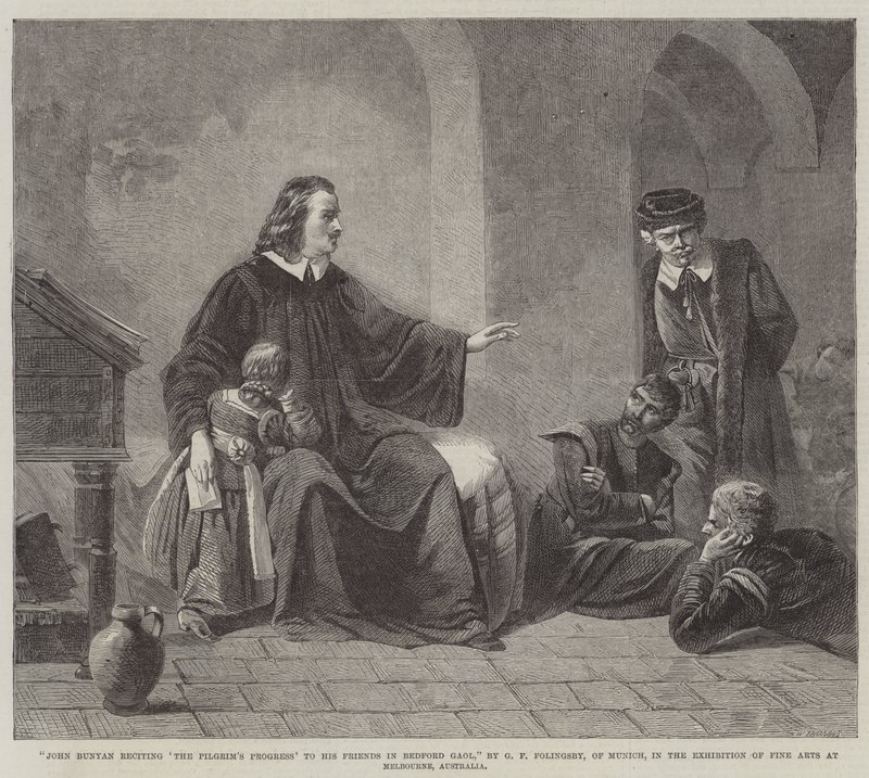 John Bunyan recitando &39;The Pilgrim&39;s Progress&39; para seus amigos em Bedford Gaol de George Frederick Folingsby