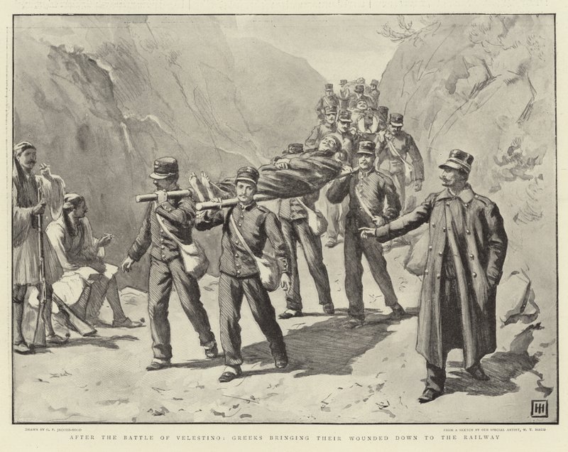 Após a Batalha de Velestino, os gregos trazendo seus feridos até a ferrovia de George Percy Jacomb Hood
