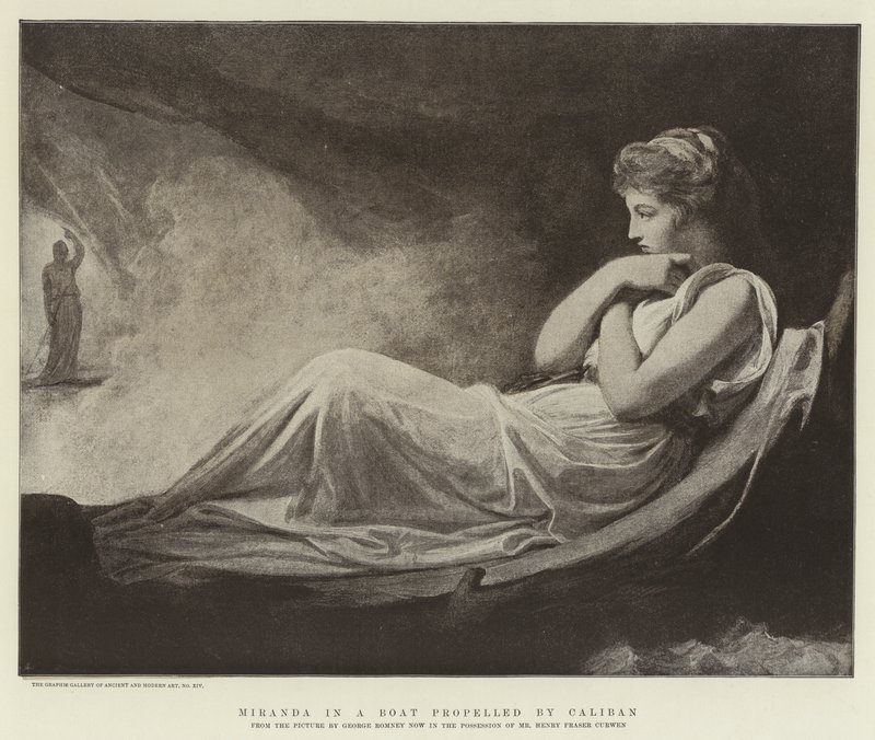 Miranda em um barco impulsionado por Caliban de George Romney