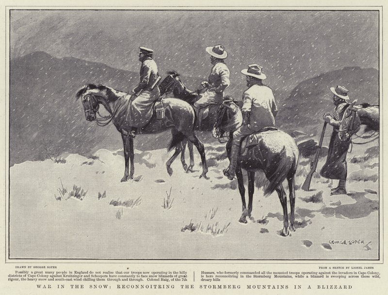 Guerra na neve, reconnoitring as montanhas de Stormberg em uma nevasca de George Soper