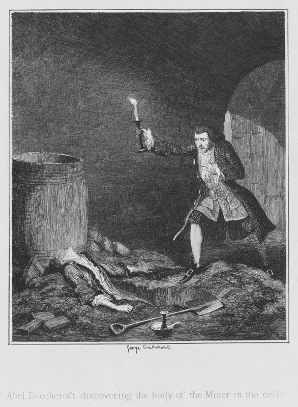 Abel Beechcroft descobrindo o corpo do Miser na adega (gravura) de George (after) Cruikshank