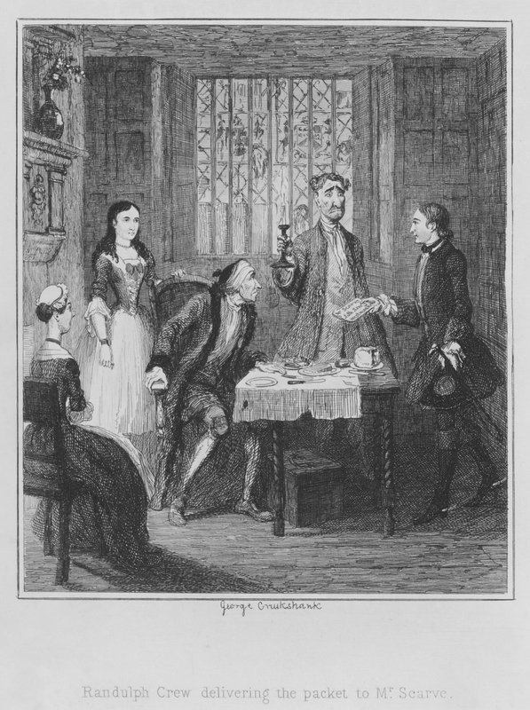 Randulph Crew entregando o pacote ao Sr. Scarve (gravura) de George (after) Cruikshank