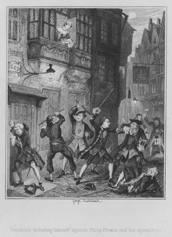 Randulph defendendo-se contra Philip Frewin e os seus mirmidões (gravura) de George (after) Cruikshank