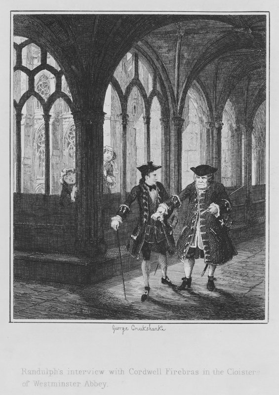 Entrevista de Randulph com Cordwell Firebras nos Claustros da Abadia de Westminster (gravura) de George (after) Cruikshank
