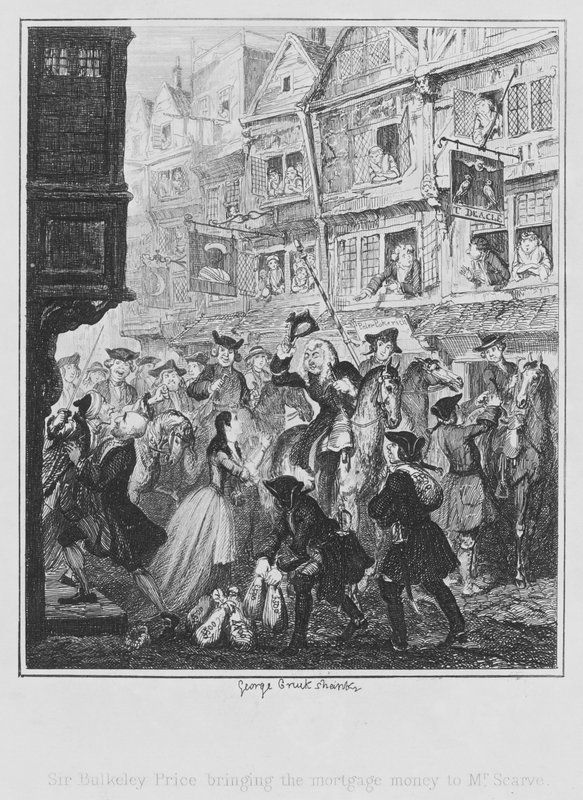 Sir Bulkeley Price trazendo o dinheiro da hipoteca ao Sr. Scarve (gravura) de George (after) Cruikshank