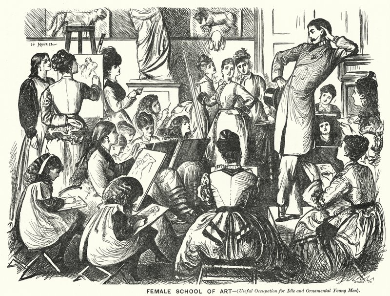 Soco cartoon: Escola de Arte Feminina (Ocupação Útil para Jovens Ornamentais e Ociosos) (gravura) de George (after) Du Maurier