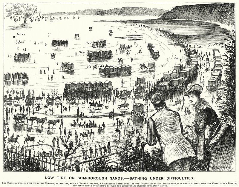Soco cartoon: Maré Baixa nas Areias de Scarborough - Banho sob Dificuldades (gravação) de George (after) Du Maurier