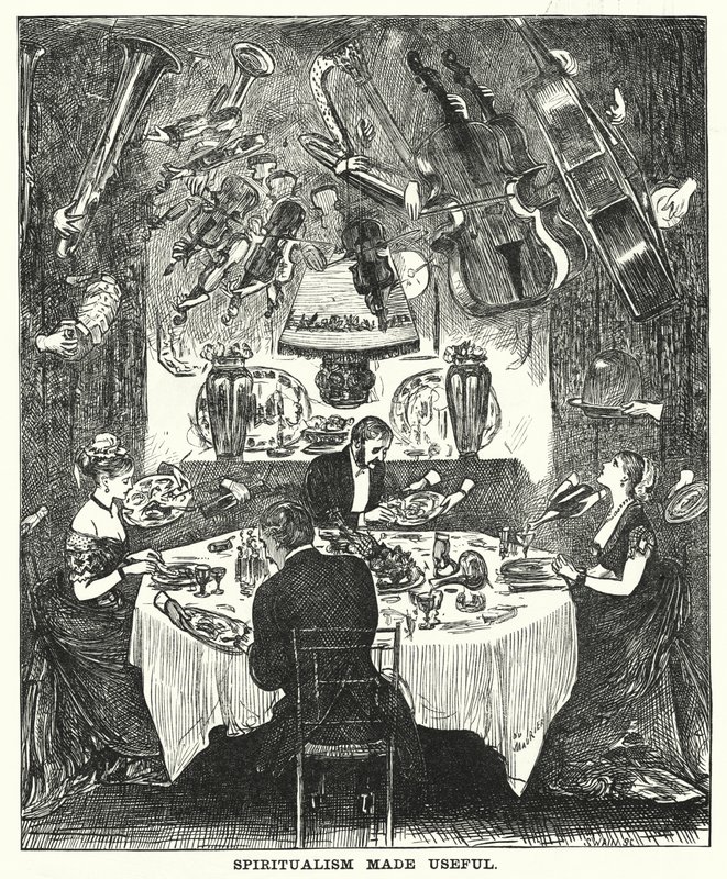 Soco cartoon: O Espiritualismo Tornado Útil (gravura) de George (after) Du Maurier