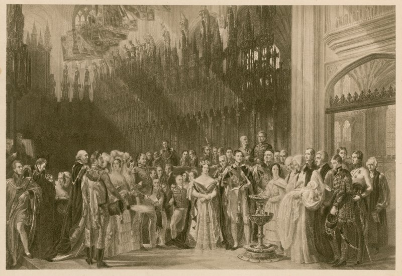 Batizado do Príncipe de Gales, futuro Rei Eduardo VII, Capela de São Jorge, Castelo de Windsor, 24 de Janeiro de 1842 (fotogravura) de George (after) Hayter
