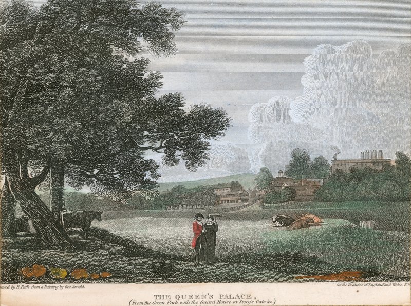 O Palácio da Rainha, do Green Park com a Casa da Guarda no Portão da História, etc de George Arnald