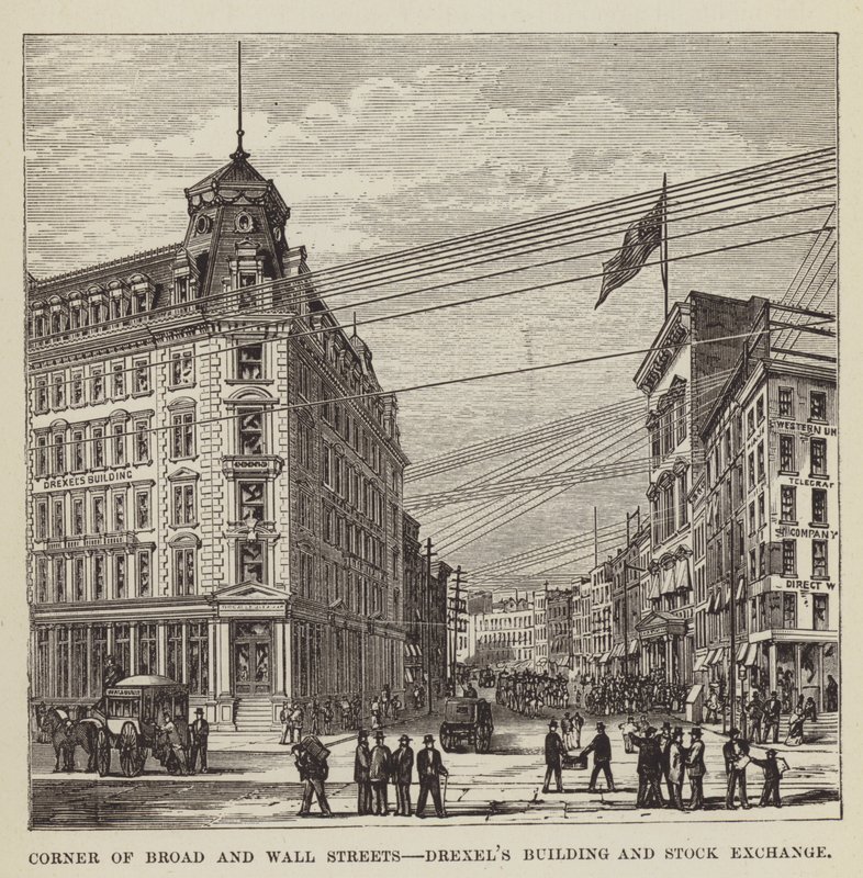 Canto das ruas Broad e Wall, Edifício Drexels e Bolsa de Valores de George Augustus Sala