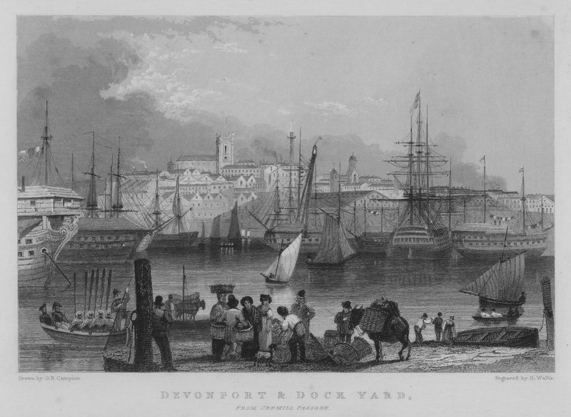 Devonport e Dockyard, de Cremill Passage (gravura) de George Bryant Campion
