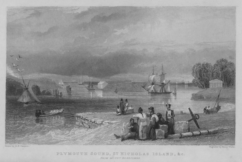 Plymouth Sound, St Nicholas Island, etc do Monte Edgecumbe (gravura) de George Bryant Campion