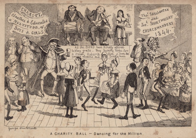 Um Baile de Caridade - dançando pelo milhão; desenho animado de George Cruikshank